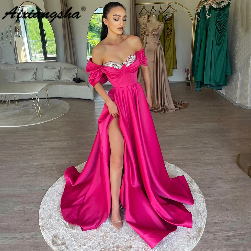

Aixiangsha Vintage Soft Satin Prom Dress Off the Shoulder A-line High Slit Evening Dress vestidos de noche For Women Custom