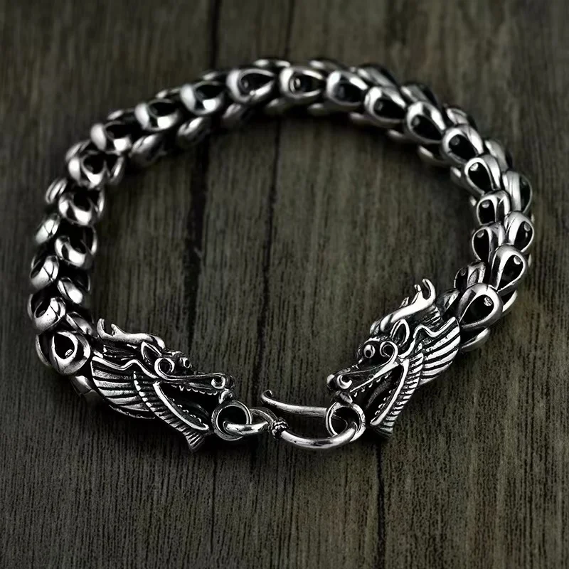 

S925 Sterling Silver Retro Tai Silver Dragon Scale Bracelet Men's Thick Double Leading Bracelet Men's Trendy Domineer