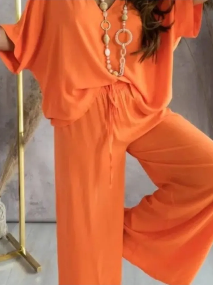 Summer Casual Loose 2Pc Suits Fashion V-neck Blouse + Lace-up Straight Pants Sets Women Elegant Batwing Sleeve Homewear Outfits blouses ruffled button flare sleeve blouse in orange size l m s xl