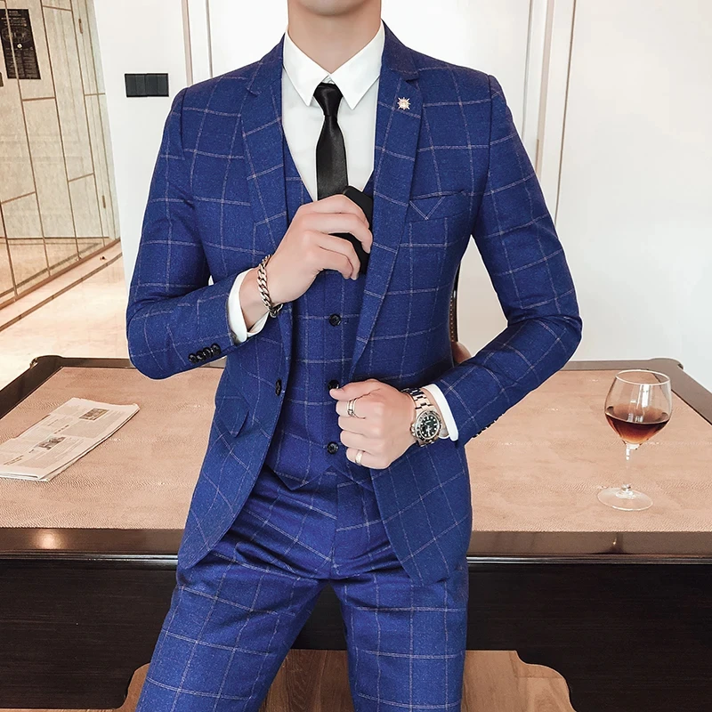 

LE132ury Classic Grid Men's Casual Business Suit Groom Wedding Office Suit Male Jacket Waistcoat Trousers