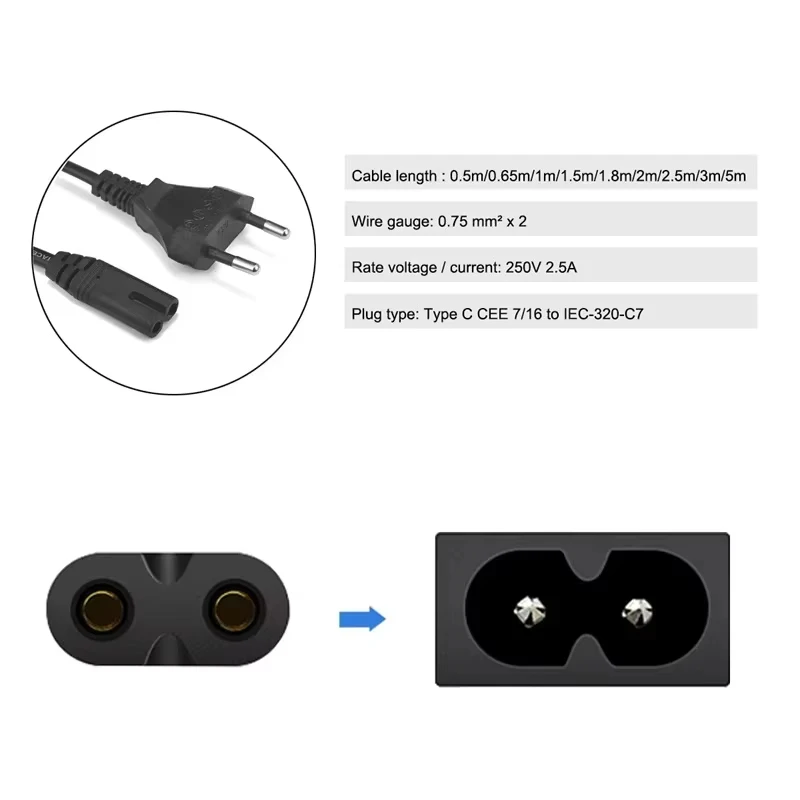 1.5M Power Cable 2pin IEC320 C7 Power Extension Cord For Dell Laptop Charger Canon Epson Printer Radio Speaker PS4 XBOX AC
