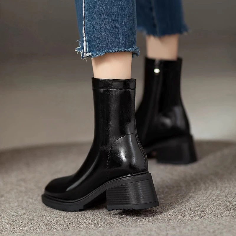 Women Mid Heels Ankle Chelsea Glass Boots Square Toe Elegant Concise Warm Winter 2024 New Designer Fashion Female comfort