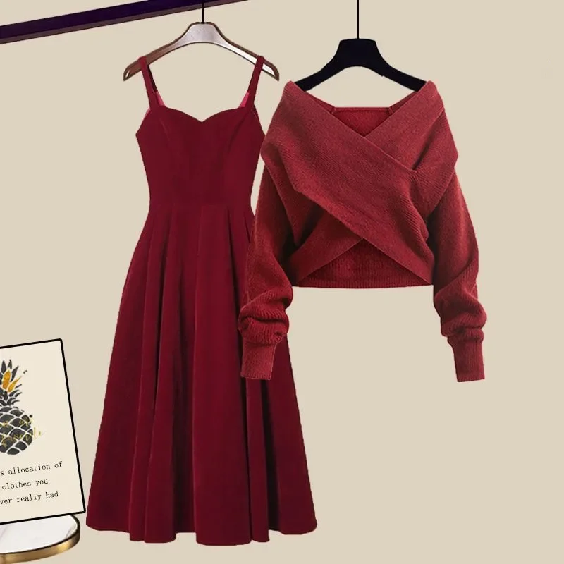 Autumn/Winter Women's Set 2024 New Year Versatile Solid Color Cross Sweater Slim and Versatile Dress Two Piece Set