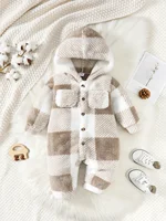 3-24 Months Baby Boys&Girls Romper Plaid Hooded Long Sleeved Plush Jumpsuit Winter Warm Bodysuit Clothes for Toddler Boy&Girl 1