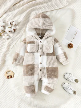 3-24 Months Baby Boys&Girls Romper Plaid Hooded Long Sleeved Plush Jumpsuit Winter Warm Bodysuit Clothes for Toddler Boy&Girl 1