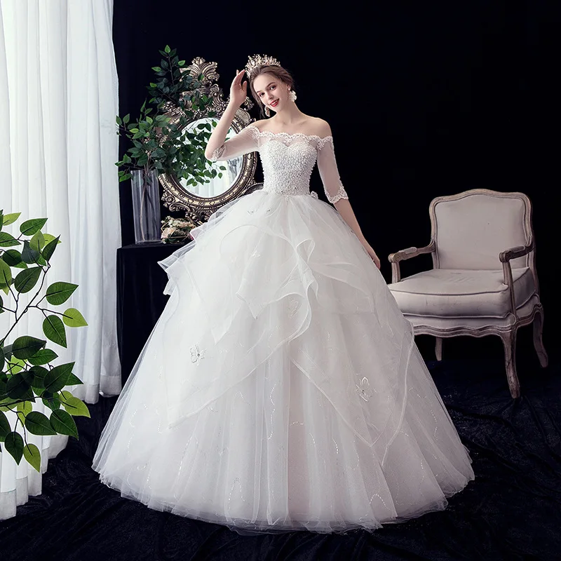 modest wedding dresses Boat Neck Bride Wedding Dress Ball Gown Lace Up Long Wholesale Cheap Women Clothing Party Dresses 2022 gown for wedding
