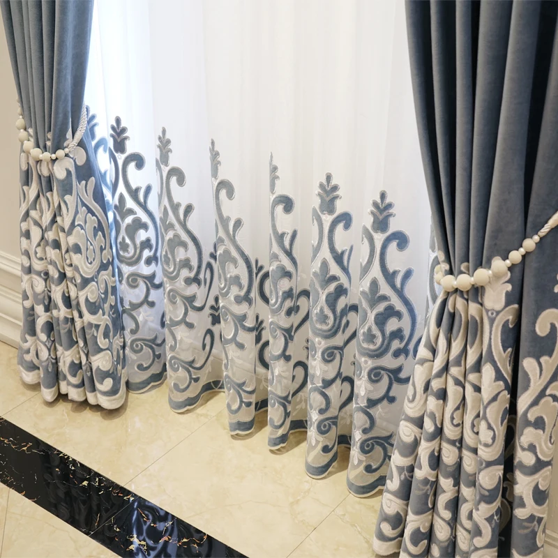 Nordic Velvet Embroidered Blue French Curtains for Living Dining room Bedroom Tulle Finished Product Customization
