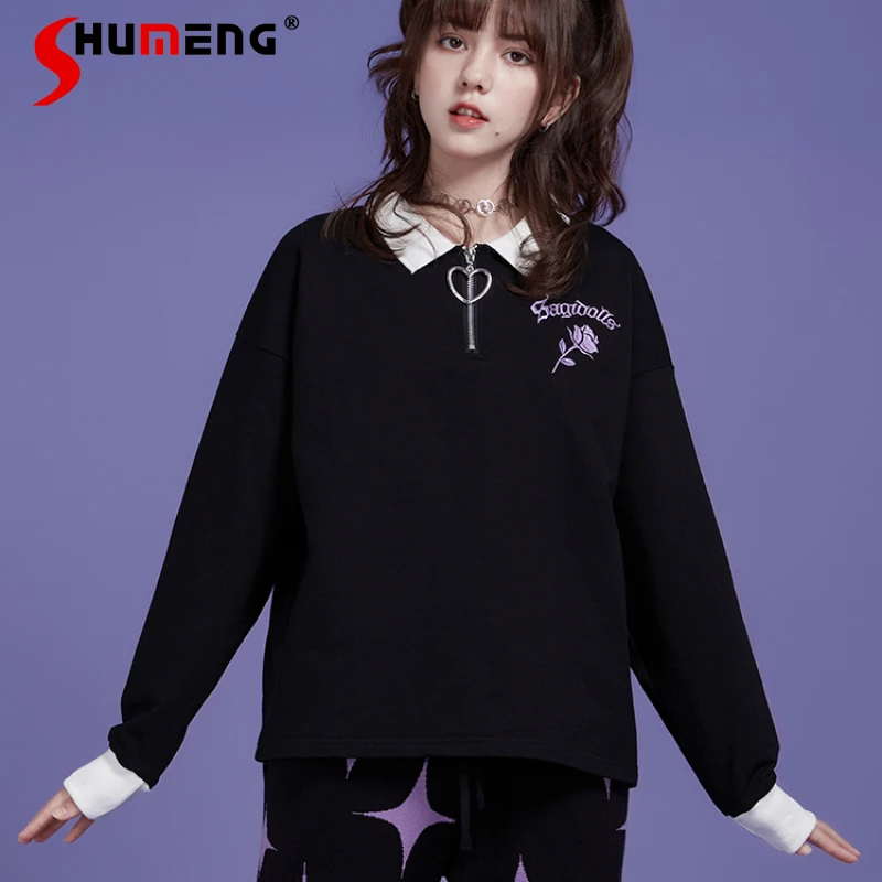 

Black Sweet Cool Rose Loose Embroidered Long Sleeve Polo Loose Casual Cute T-shirt Autumn New Top Tshirt Y2k Clothes Accessories