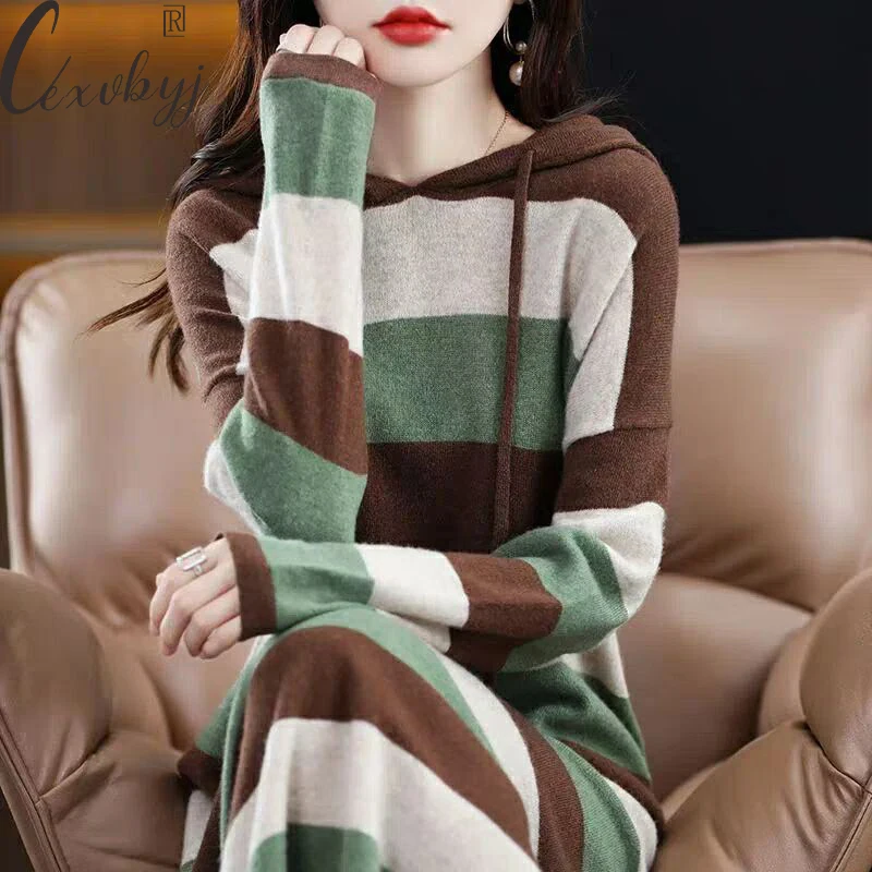 

Hooded Stripe Knitted Dress Women Vintage Autumn Winter Long Sleeve A-Line Dress Oversized Loose Casual Straight Sweater Dress