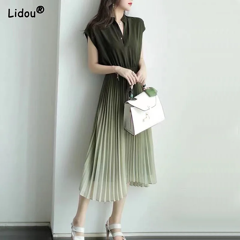 

office lady V-Neck Mid-calf Empire Dresses Chiffon Pullover Belt Synthetic Fiber Women's Clothing Summer New Popularity