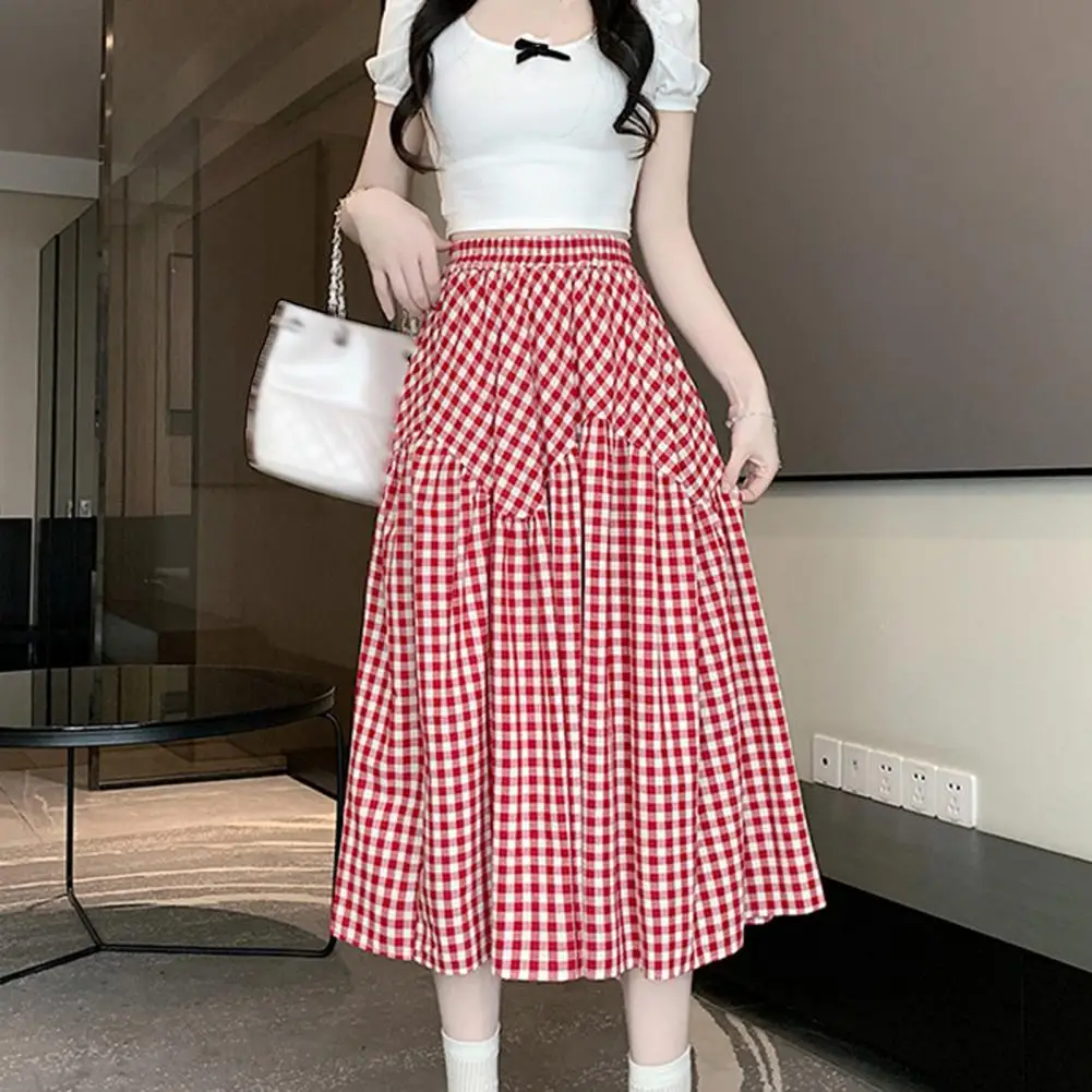 Plaid Patterned Skirt Retro Style Plaid Print A-line Midi Skirt with Elastic High Waist for Women Vintage Swing Skirt for Wear