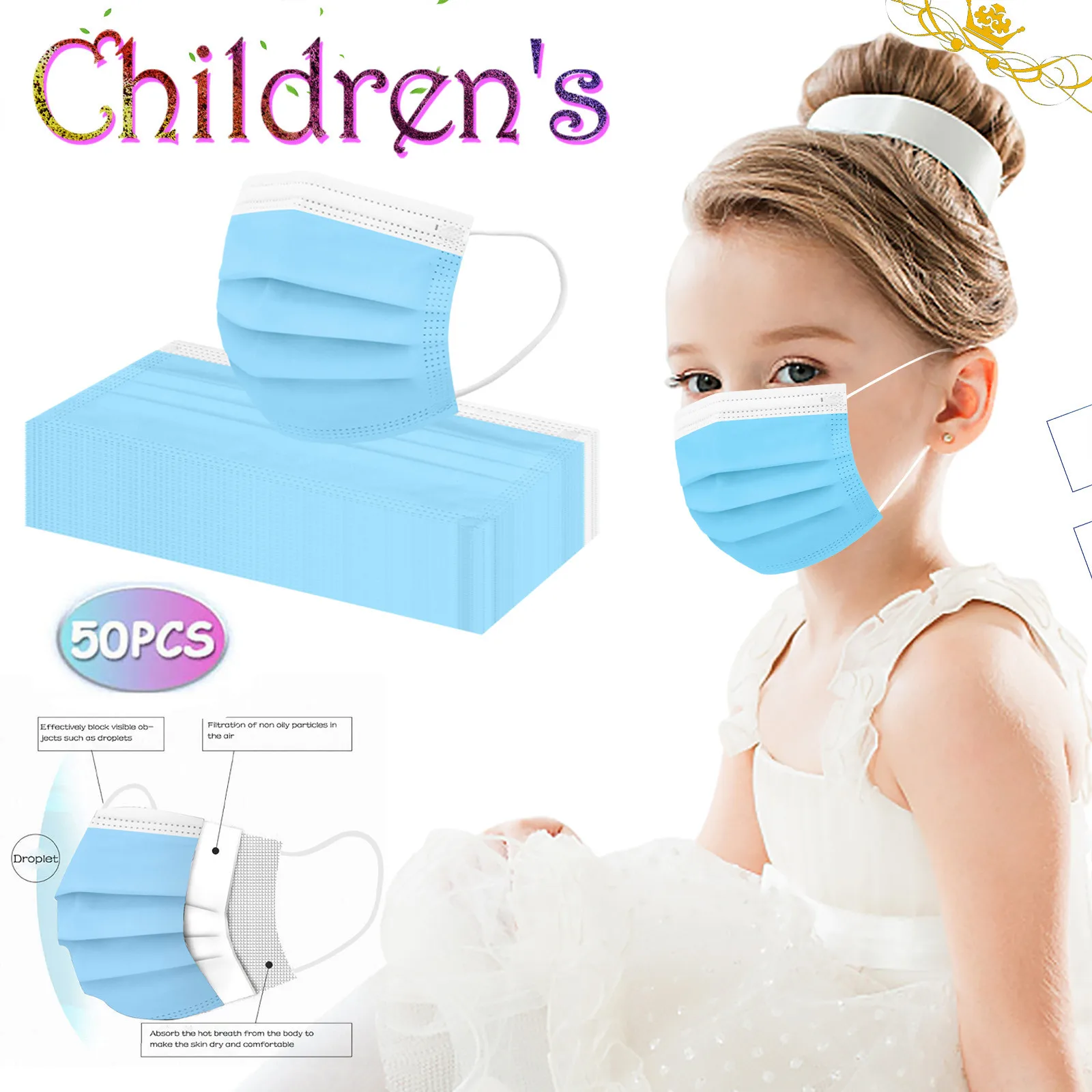 Face mask disposable face mask 50Pcs Kids Face Mask Disposable 3 Ply Safety Face Mask 4-12 Children