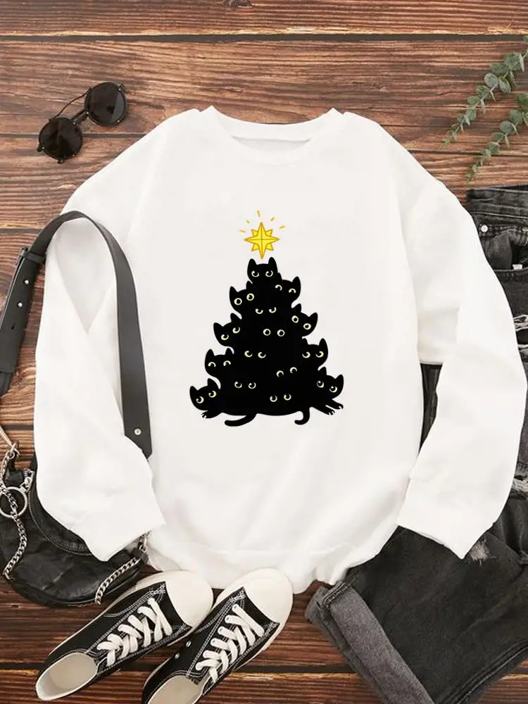 

Cat Cartoon Lovely 90s Christmas New Year Holiday Fashion Print Lady Pullovers For Women Casual Clothing Graphic Sweatshirts