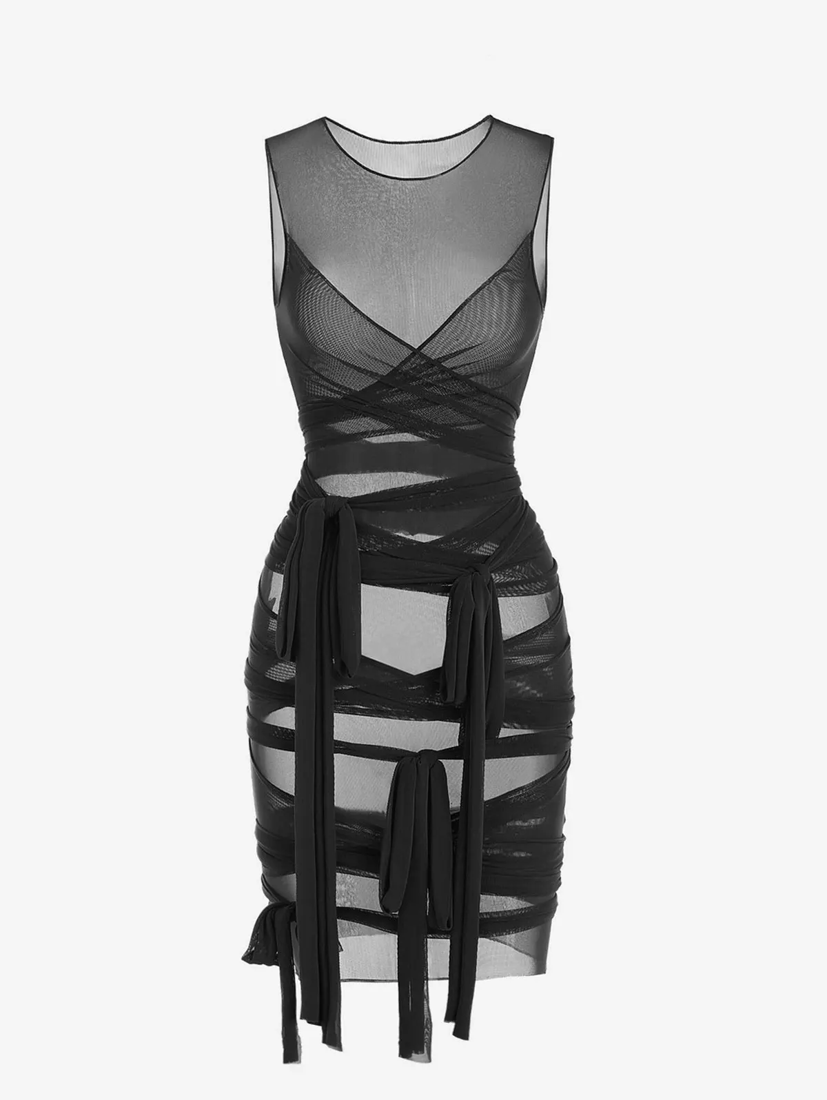 ZAFUL Sheer Mesh Wrap tie Slinky Bodycon Dress Fitted See Through Dress