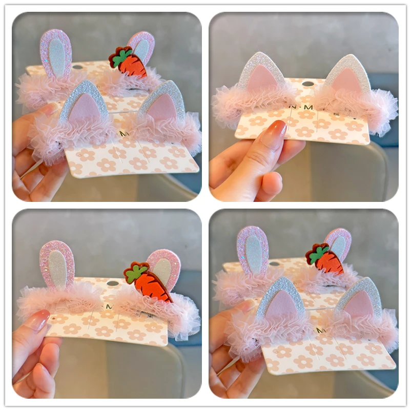 

10Sets Glitter Pink Rabbit Ears Tutu Cat Ears Hairpins Cartoon Animal Ears Barrettes Easter Headwear Boutique Hair Accessories