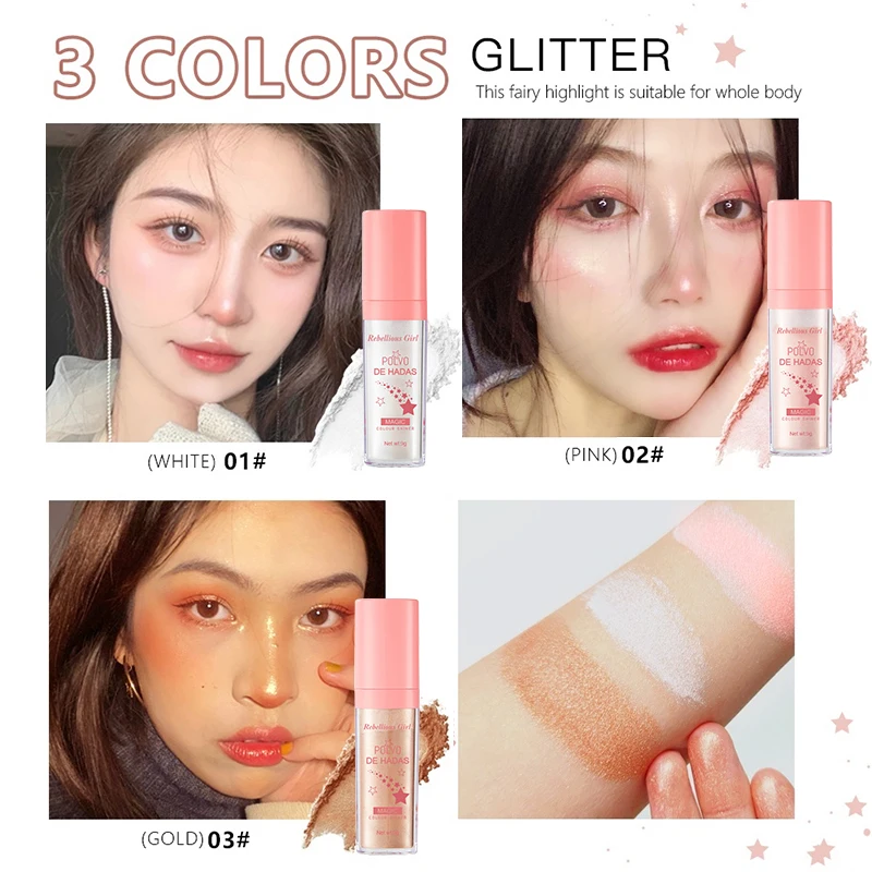 Body Glitter Highlighter Pigment Makeup 3 color High Gloss Sparkle Loose Powder Sparkle Patting Powder for Hair Face Eyes Lip 2