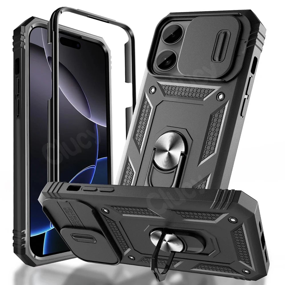 Coque pour iPhone 16 15 14 Pro Max 13 12 11 Pro Plus 360, corps complet, robuste, support de caméra coulissant, anneau de Protection