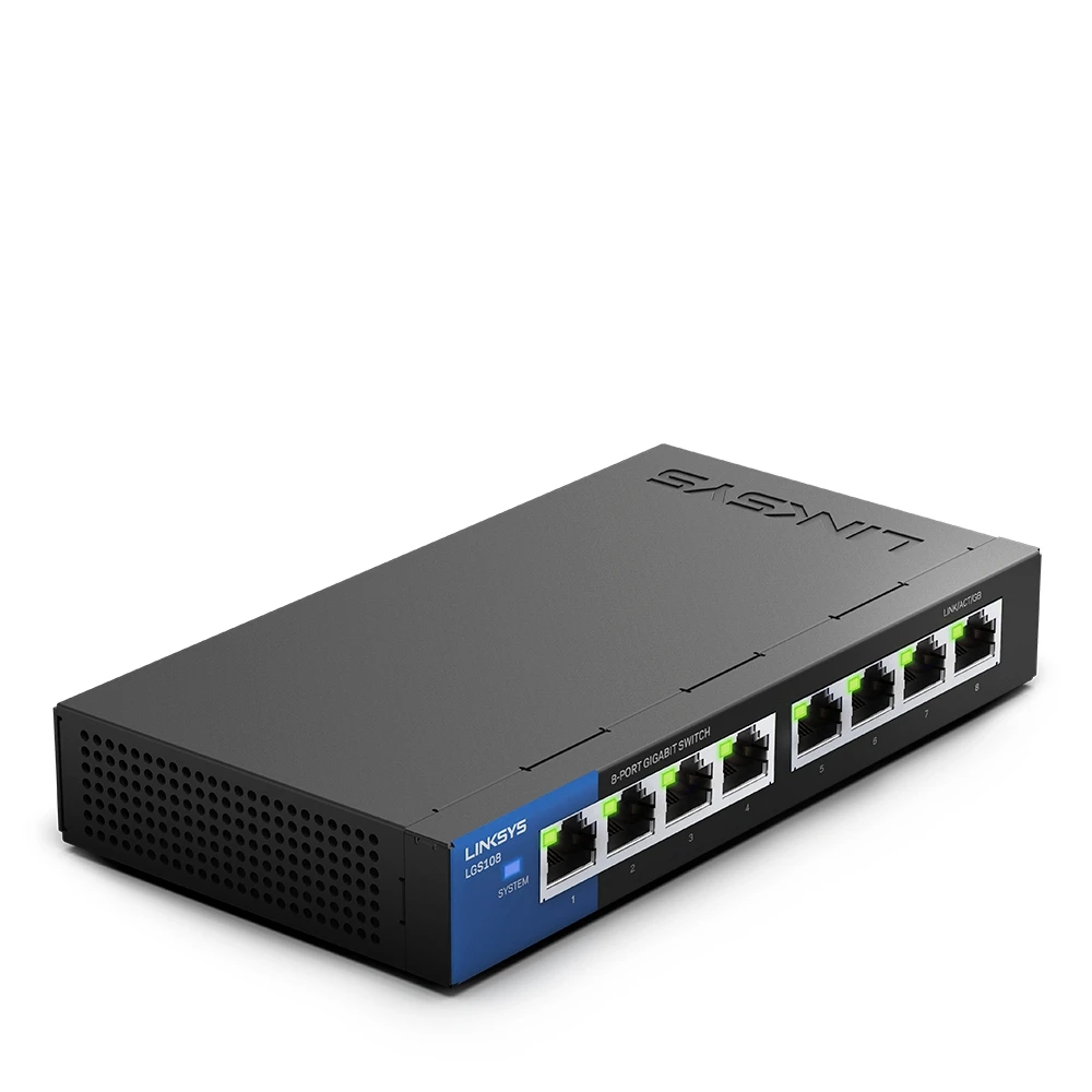 

Linksys LGS108 8-Port Business Desktop Gigabit Switch Wired connection speed up to 1000 Mbps 8 Gigabit Ethernet auto-sensing