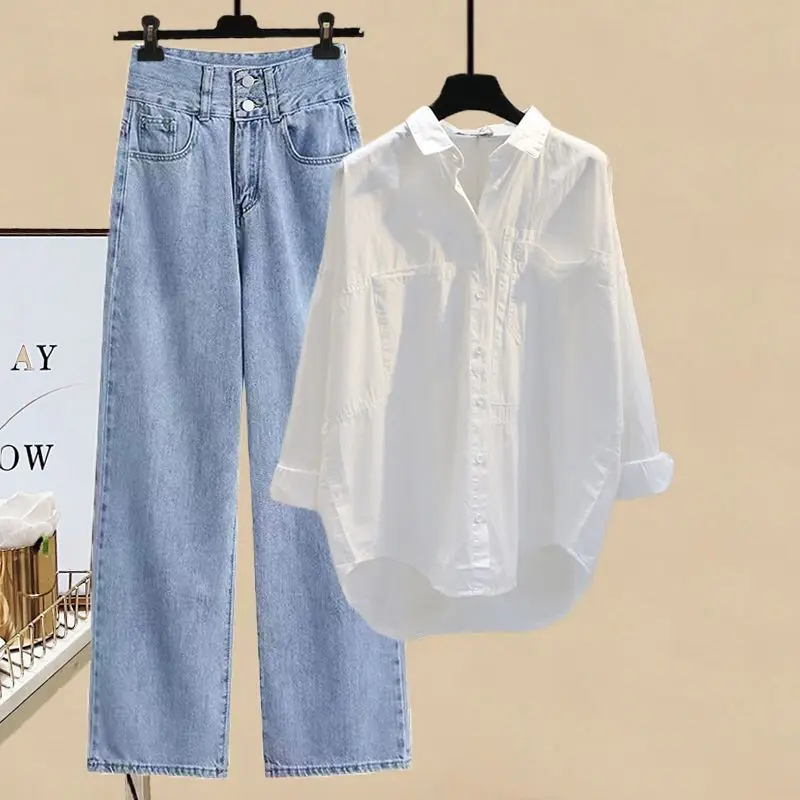 Summer Sunscreen Chiffon Shirt Elastic Tank Top Wide Leg Jeans Two Piece Elegant Women's Pants Set Simple Outfits