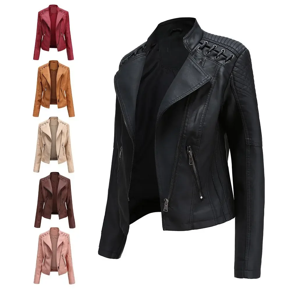 

Women Fashion Lace-up Leather Jacket Slim Fit Spring Autumn Motorcycle Zipper Jacket Leather Coat Loose Female Outwear Tops New