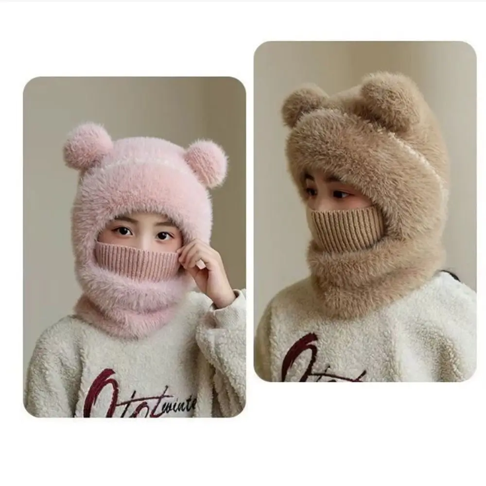 Coldproof Scarf Mask Integrated Hat Warm Lining Cartoon Children Windproof Hooded Hat 4 in1 Neck Warmer Windproof Hood