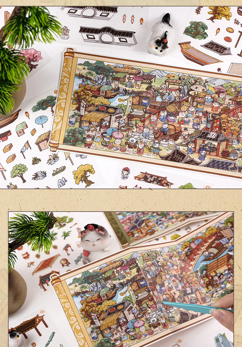 Kawaii Meisterwerk Scroll 3D klassische Arbeit Cartoon Tiere Landschaft Aufkleber DIY Tasche Hütte Szene Halloween Kinder Geschenke – Detail 8