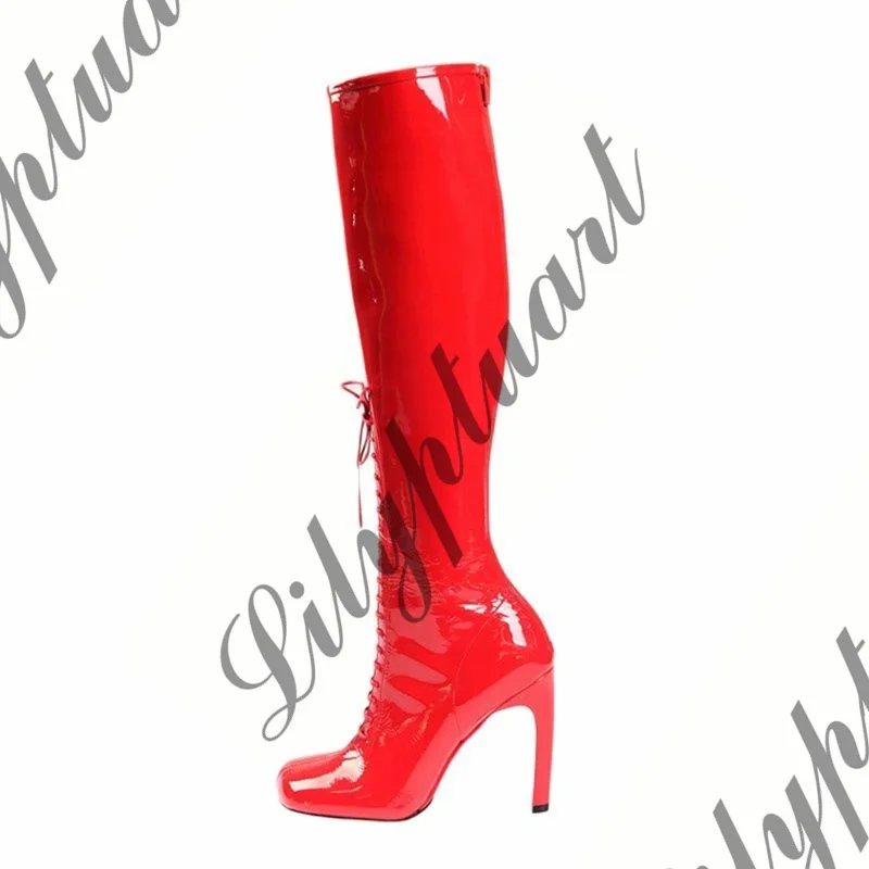 PU Leather Leopard Print Knee Boots for Women, Lace Up High Heels, Square Toe, Large Size 43, Autumn Fashion
