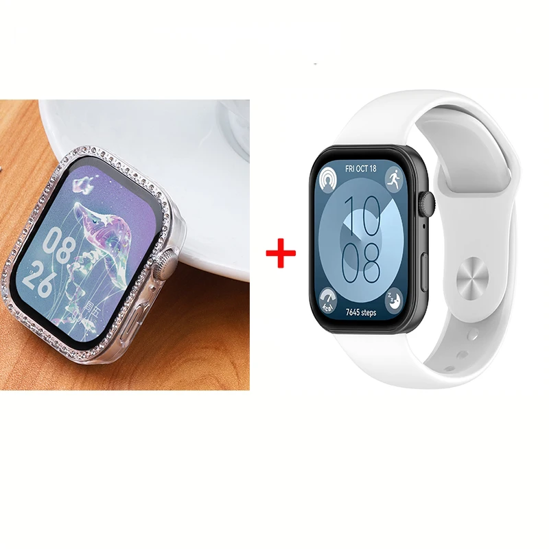 Silicone Band with Diamond-Accent Case for Smartwatch - Sporty Replacement Strap Accessory