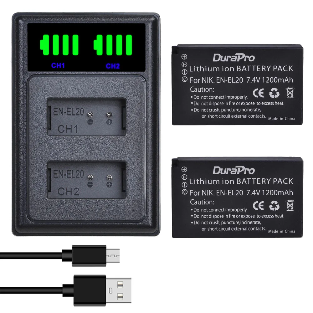 DuraPro EN-EL20 EN-EL20a Battery +LED Dual Charger with Type C Charge Port for Nikon Coolpix P1000 Nikon1 J1, J2, J3 Nikon1 AW1