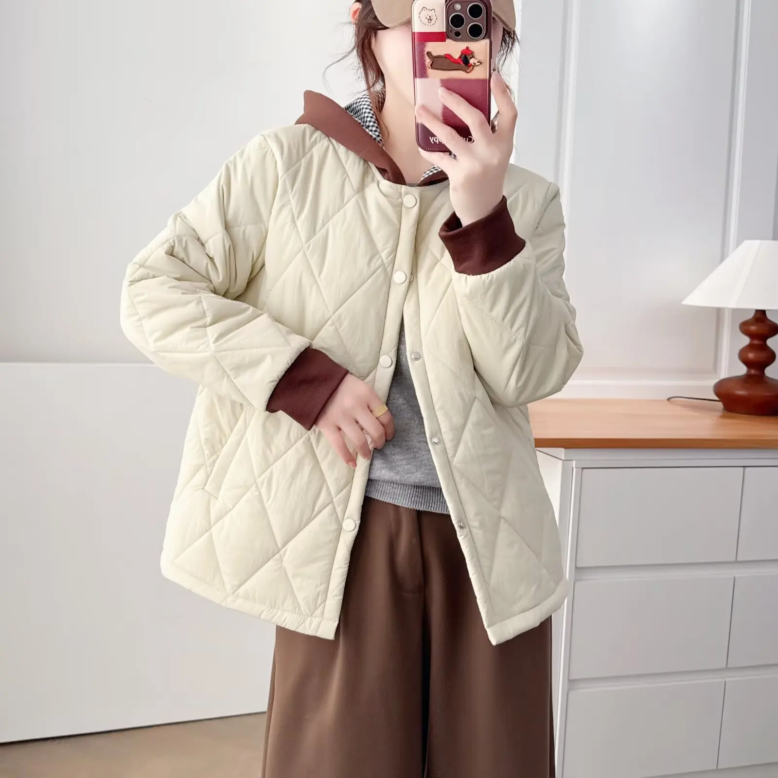 XXXXL Fashion Plus Size Women's Parkas Winter Simple And Retro Color Blocking Argyle Hooded Padded Jacket Casual Warm Coats 2519