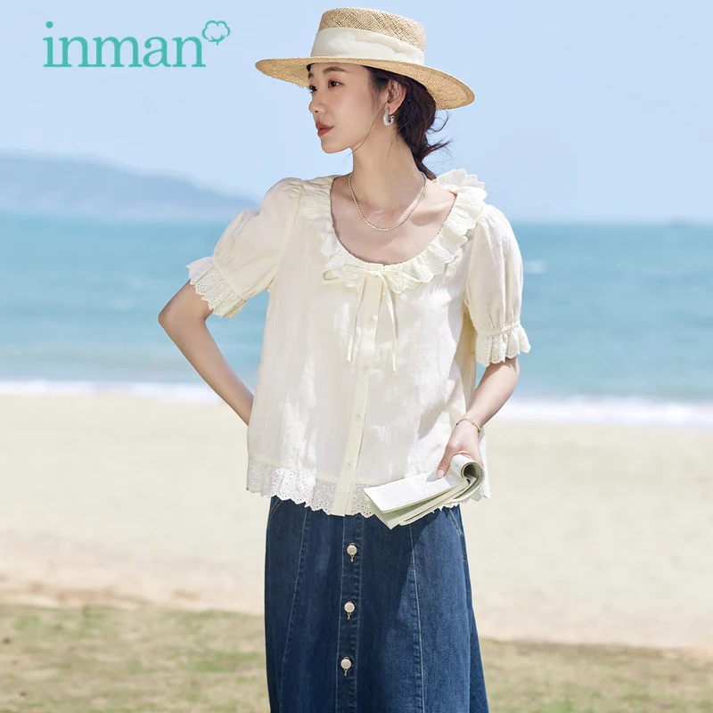 INMAN Women Blouse 2023 Summer Puff Sleeve Round Neck Loose Shirts Lace Jacquard Pure Cotton Fashion Literary Apricot Green Top