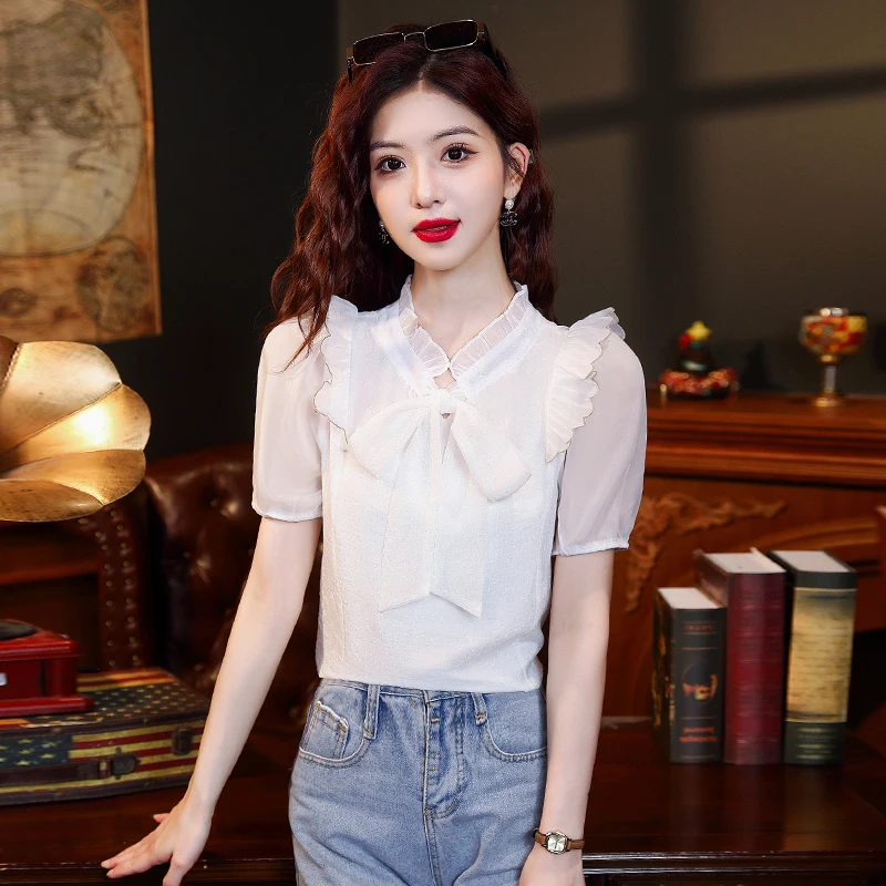 

Summer New Short Sleeve Bow Collar Women Blouse Ruffles Chiffon Blouse Shirt Women Tops Blusas Mujer De Moda 2024 Verano A293