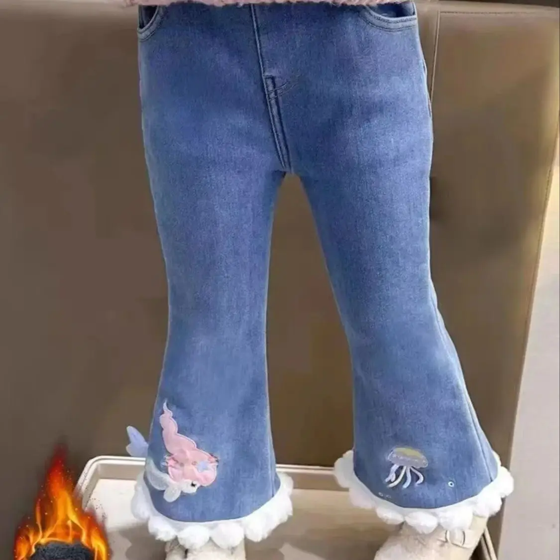 2-10 Years Toddler Baby Denim Flare Pants for Girls Cute Mermaid