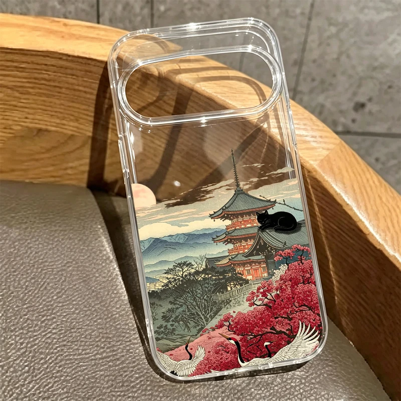 Mount Fuji Scenery Black Cat Clear Phone Case
