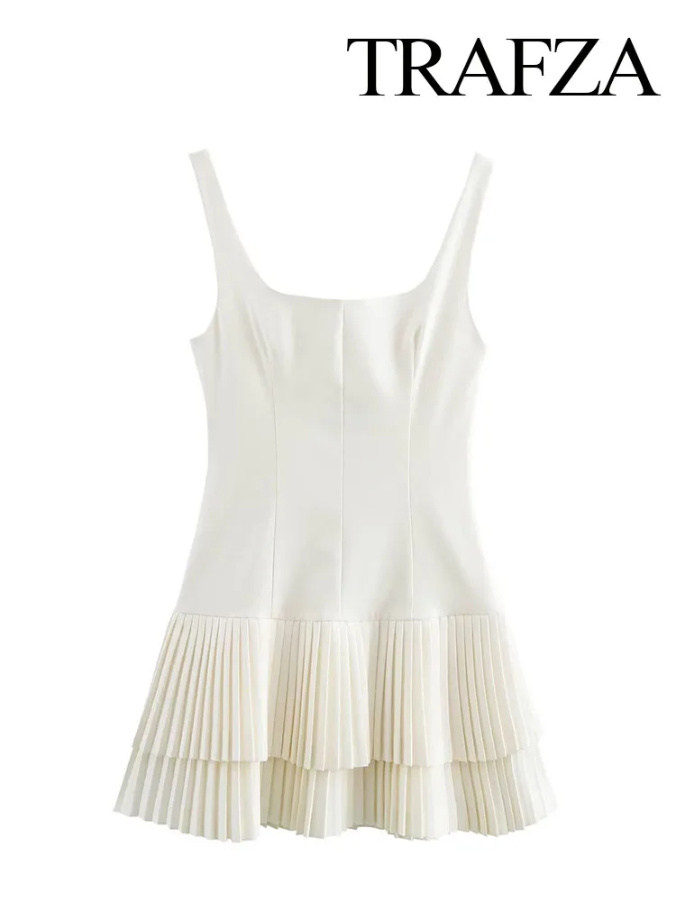 TRAFZA Women Summer Square Collar Sleeveless Solid Mini Dress Woman Elegant Chic High Street Slim Short Dress Pleated Dress 6