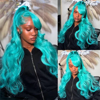 13x6 Teal Ocean Blue Lace Front Wig Human Hair Body Wave 613 Blonde Lace Frontal Wig Preplucked Mint Green Color Human Hair Wigs 1