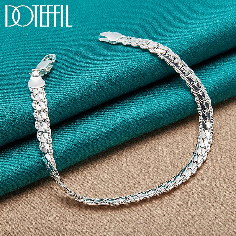 DOTEFFIL 925 Sterling Silver Bracelet 6mm 18/19/20cm Flat Side Chain Lobster Clasp For Woman Man Wedding Engagement Jewelry