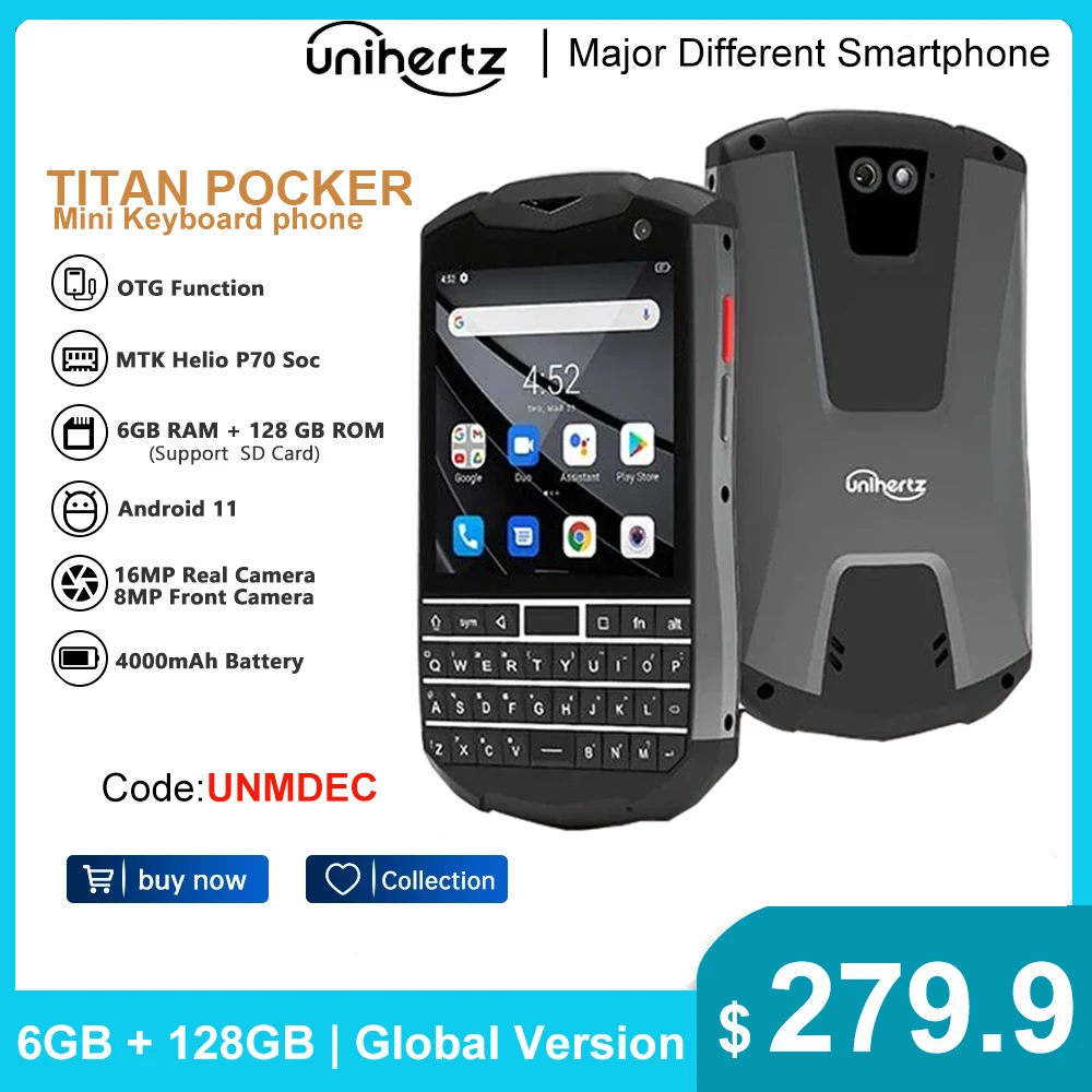 

Unihertz Titan Pocket QWERTY Keyboard Portable Smartphone 4G Android 11 6GB 128GB Octa Core Dual SIM Unlocked NFC Mobile Phone