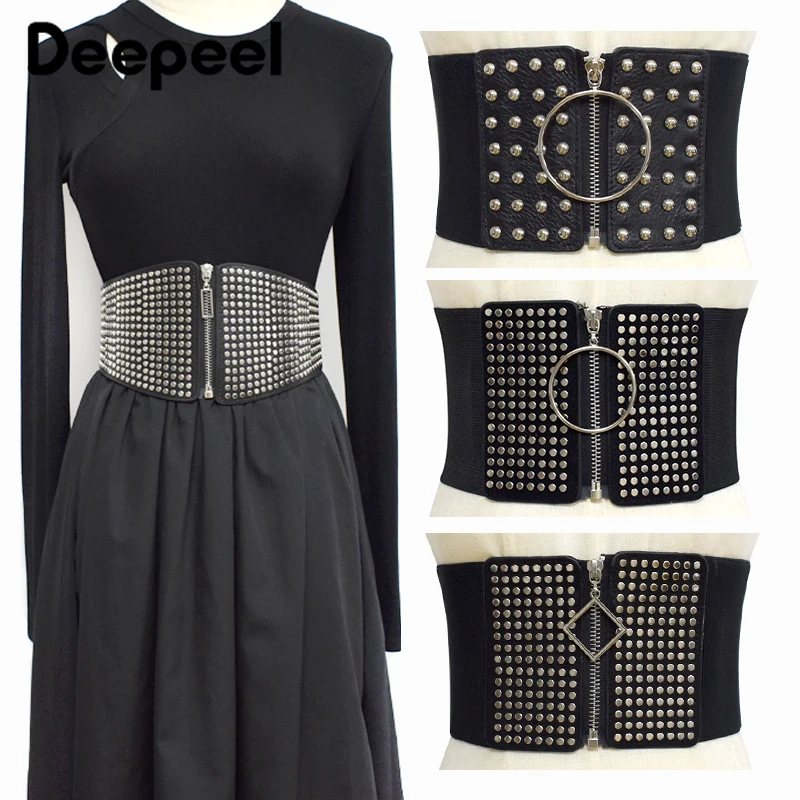 

1Pc Deepeel 70-80cm Punk Vintage Fashion Women's Wide Belt Rivet Decorative Corset Elastic Waist Female Luxury Black Cummerbunds