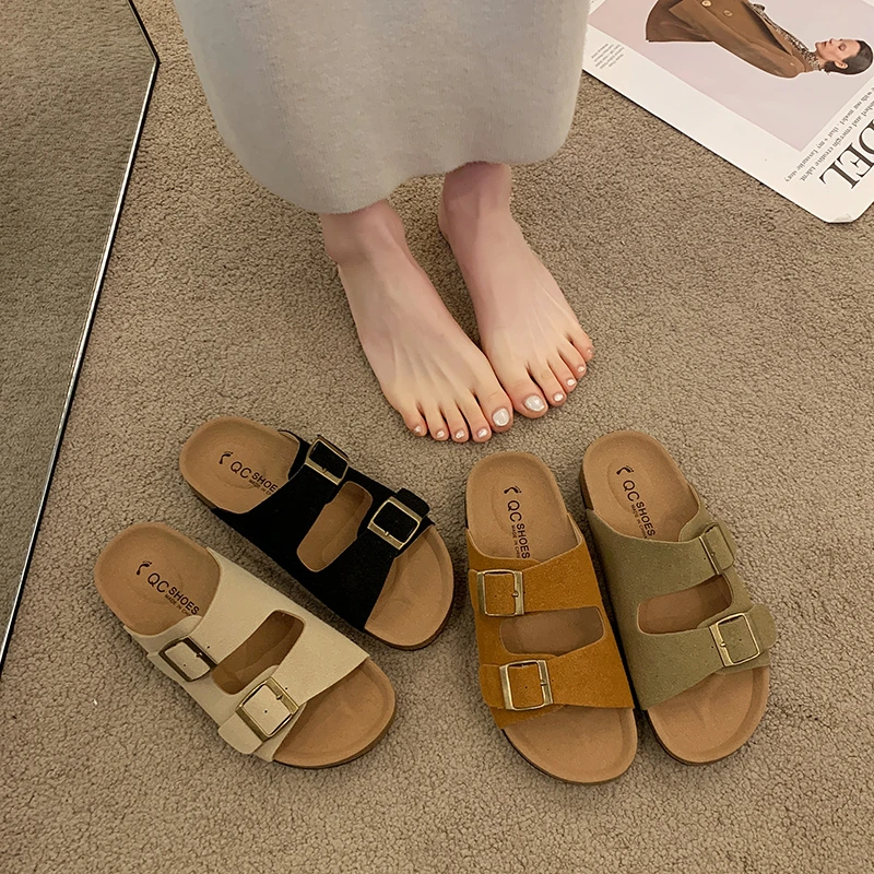 

Women's Two Buckle Strap Cork Footbed Slides, Solid Color Open Toe Non Slip Flat Shoes, Casual Outdoor Slides