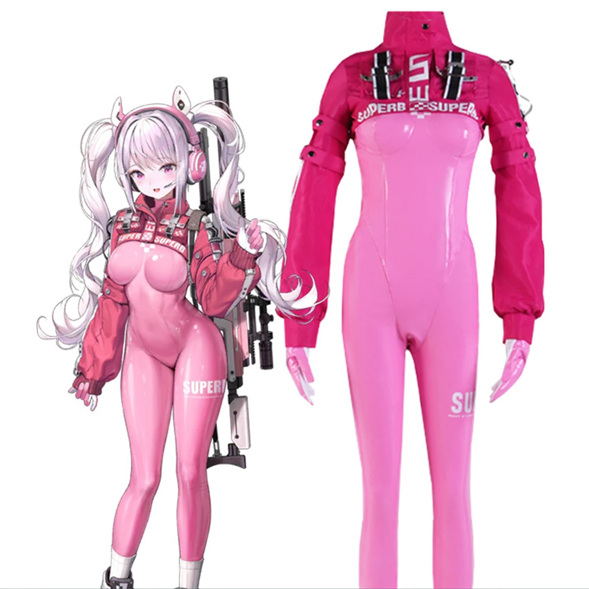 

New Game Nikke Alice Cosplay Costume Wig Shoes Sexy Latex Catsuit Bodysuit Pink Jumpsuit Jacket Suit For Women Girls