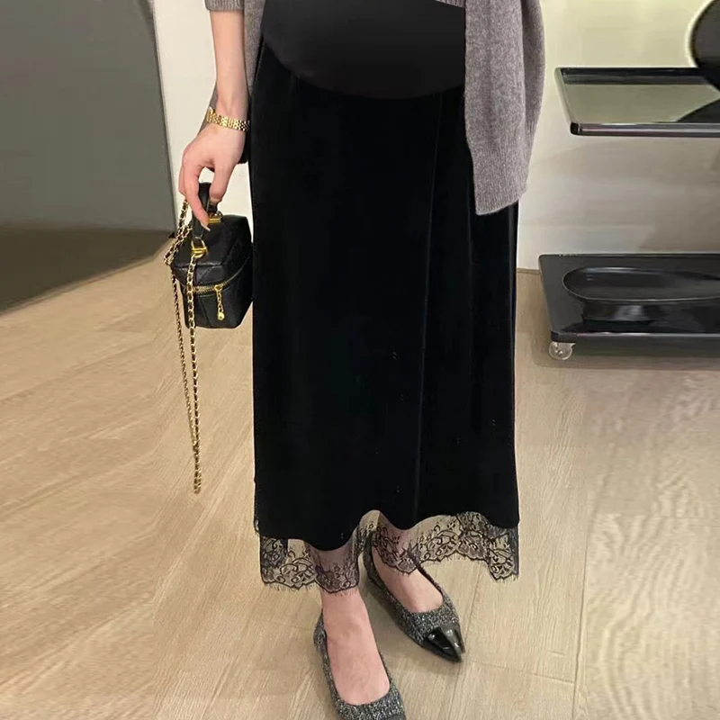 Good Quality Maternity Winter Velour Skirts Lace Hem Patchwork Long Loose Pregnant Woman Black Elegant Belly Skirts for Party