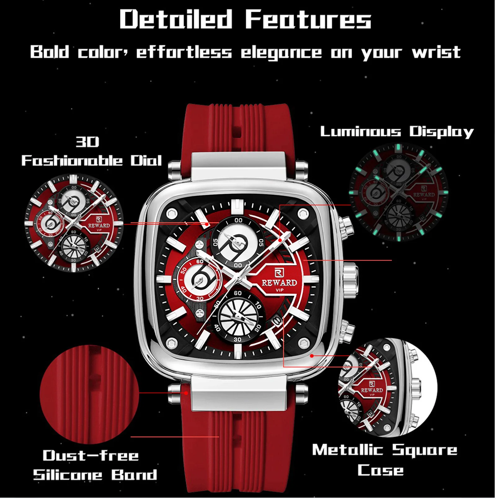 REWARD Casual Sport Quartz Man Watch Top Brand Luxury Red Watches Fashion Clock Man Silicone Strap 2