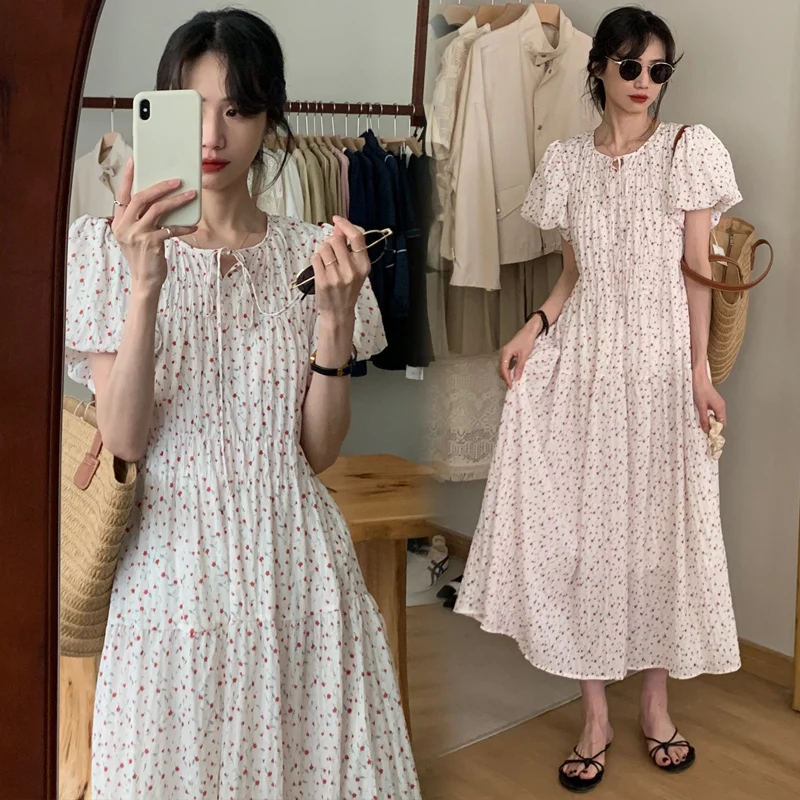 

Summer Maternity Chiffon Dress Puff Sleeve O-neck Fashion Printing Pregnant Woman Floral Dress Sweet Pregnancy Clothes