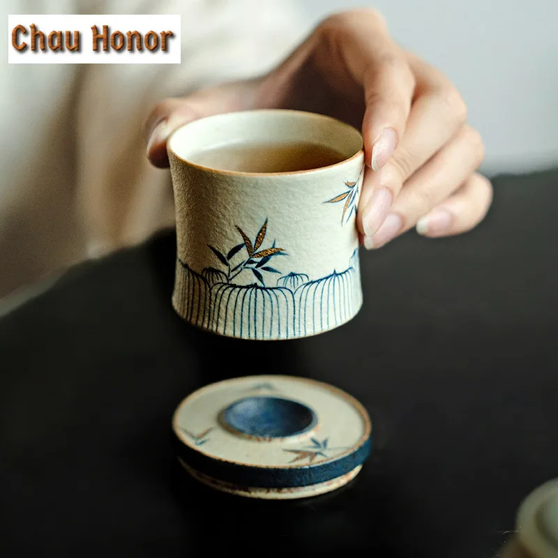 80ml Blue And White Flint Red Teacup Gold Drawing Bamboo Tea Bowl Decompression Spin Cup Meditation Cup Jianzhan Chinese Tea Set