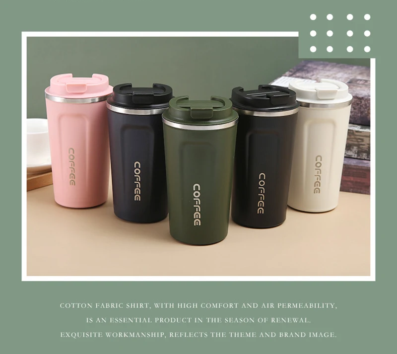 Ptlom 510ML Stainless Steel Car Coffee Cup Leakproof Insulated Thermal  Thermos Cup Car Portable Travel Coffee Mug,White