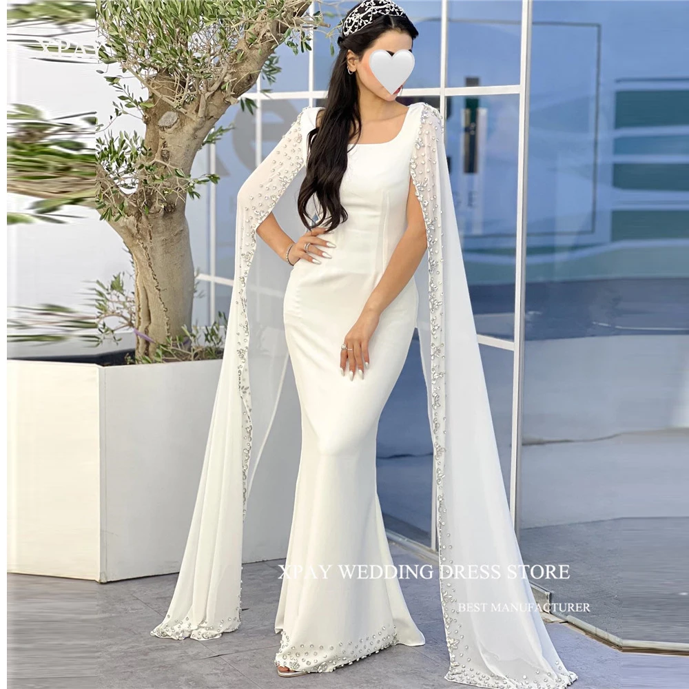

XPAY Elegant White Evening Dresses Long Cape Sleeves Square Neck Diamond Mermaid Formal Party Dress Occasion Prom Gowns