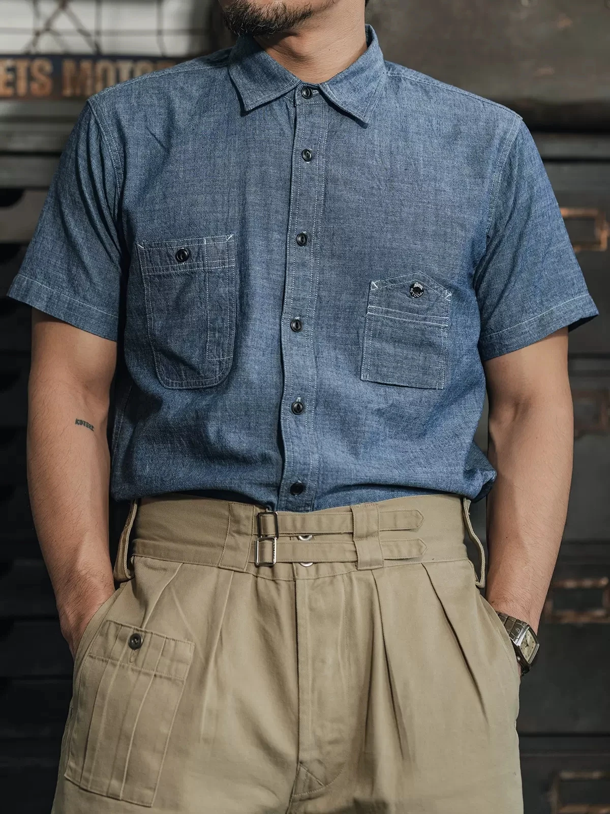 Non Stock 1942 Model Short Sleeve Chambray Shirt Vintage Asymmetrical Pocket Work Shirt 4