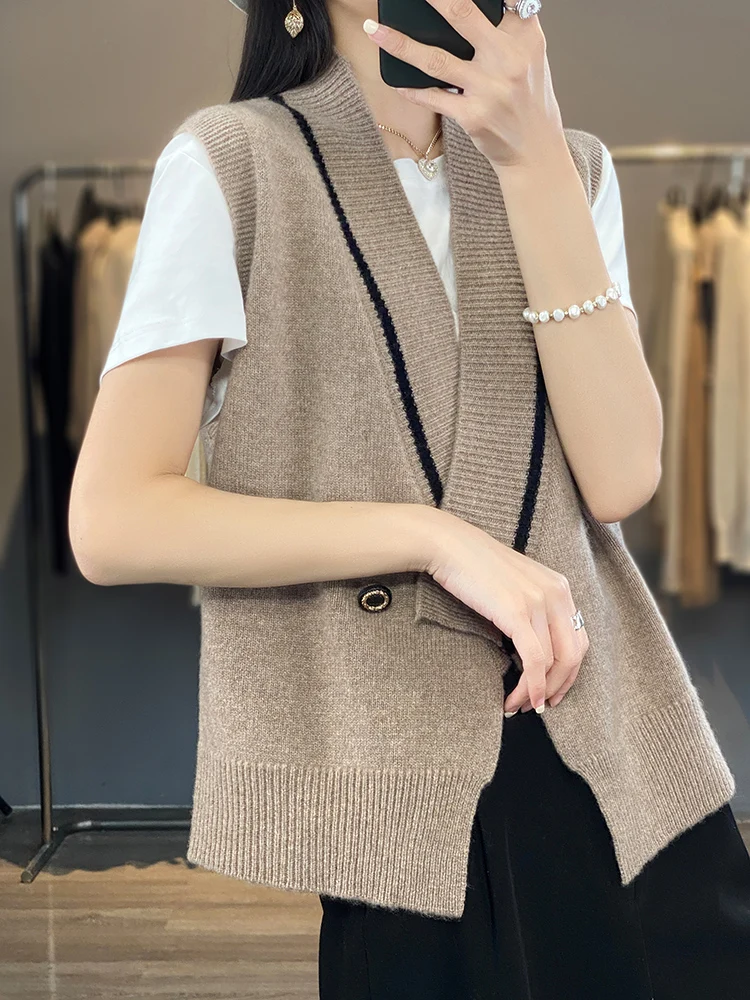 Women's Loose Knitted Vest Top Color Blo Design Spring Autumn Casual Sle Svel Outerwear V-Ne Button Detail