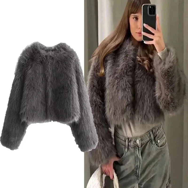 

TRAF Women Faux Fur Cropped Jacket Coat Round Neck Long Sleeves Warm Coats 2024 Winter Fashion Short Plush Streetwear Outerwear